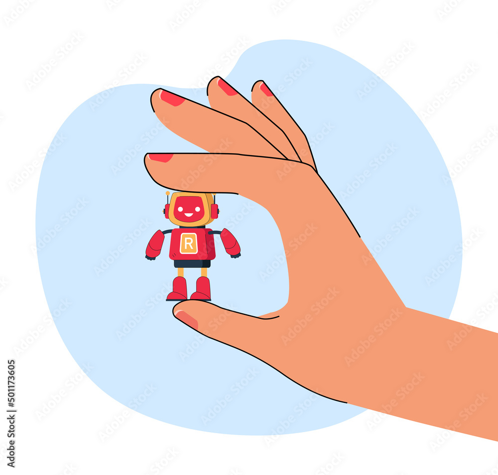 Poster hand holding little robotic character. person in control of tiny robot flat vector illustration. art