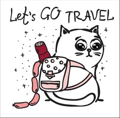 Funny card background with cute cat and doodle hand drawn text - Let's go travel