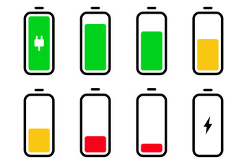 Battery icon set. Accumulator level icon. Mobile battery symbol. Power sign set. Mobile battery level indicator. Stock vector