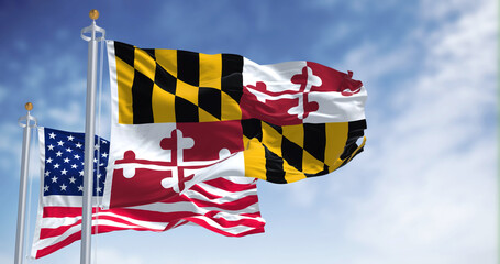 The Maryland state flag waving along with the national flag of the United States of America