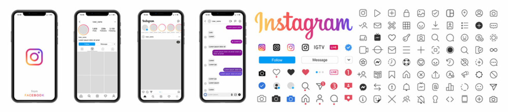 Instagram mockup. Instagram template app screens on Apple Iphone vector set. Mobile ui social speech bubbles. Stories user button, symbol, sign logo. Vector illustration.