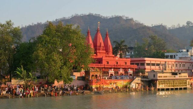 Haridwar, Uttarakhand, India - 10th April 2021 : View of famous Har Ki Pauri Ghat, on the bank of Holy river Ganges, on the occassion of Kumbh Mela. Ritual is called shaahi snan or Kumbh snan.