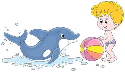 Happy little boy and a merry playful dolphin playing a colorful ball on a summer beach beside a sea, vector cartoon illustration isolated on a white background