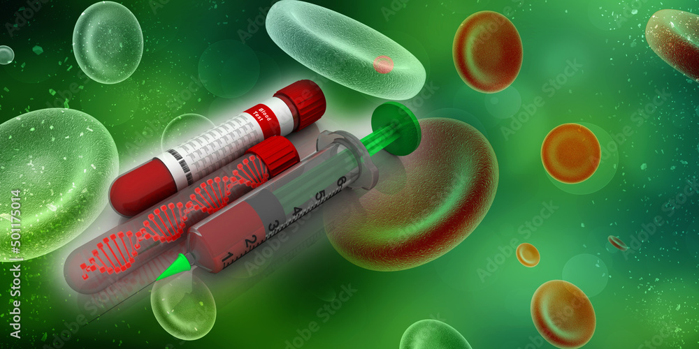 Poster 3d render of dna structure with syringe