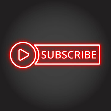Subscribe button neon with play icon signboard, night bright advertising, light banner, light art with black background