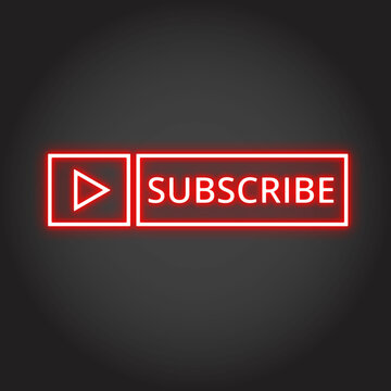 Subscribe button with play icon neon signboard, night bright advertising, light banner, light art with black background