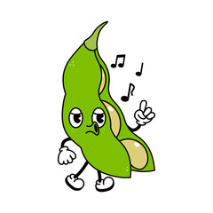 Cute funny beans walking singing character. Vector hand drawn traditional cartoon vintage, retro, kawaii character illustration icon. Isolated on white background. Beans pod walk and sing character