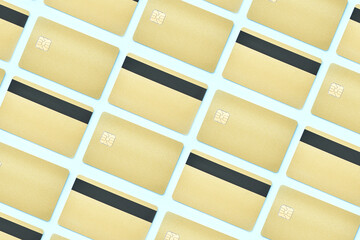 Plastic credit card mockup. Color blue and gold background. Atm empty debit payment. Currency...