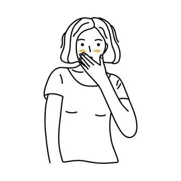 Girl covers her mouth with her hand in surprise. Black and white vector isolated illustration hand drawn. Amazement at what he heard or saw, shock or fright