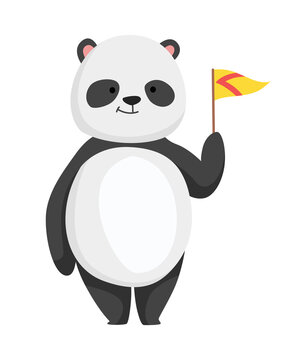 Panda bear stand with flag and pose for photo. Cute big panda character. Asian wildlife cartoon animal. Adorable jungle wild mammal