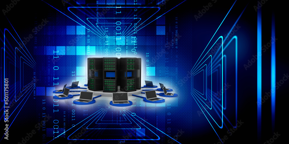 Poster 3d illustration data center server connected computer network