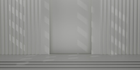3D render Shiny white pedestal with light and shadow on studio backdrops. White blank display or clean room for showing product. Minimalist mockup for stage display or showcase. 3D rendering.