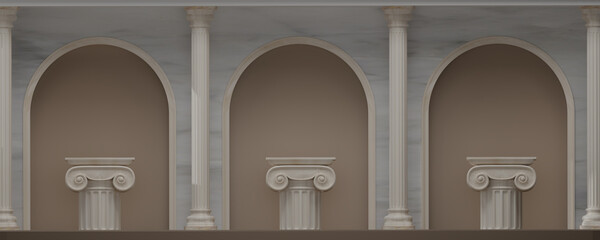 3D render Classic pillars pedestal with light and shadow on roman columns backdrops. classical interior marble architecture for showing product. Ancient greek architecture with pillars. 3d rendering. - obrazy, fototapety, plakaty