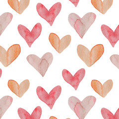 Seamless pattern of watercolor hearts. llustration. Hand drawn elements,isolated on white. Wrappers, wallpapers, postcards, greeting cards, wedding invitations, romantic events.