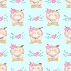 Seamless pattern of owls drinking tea with flowers