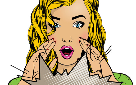 Comic book girl in pop art style. Emotional pretty woman trying to tell or announcing secret message. Beautiful lady keeping hand near her mouth
