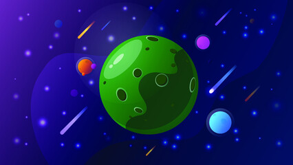 Space with big green planet comets planets and stars