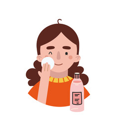 Girl applies toner, face skin care routine, cartoon style character