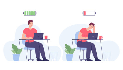 Happy and exhausted man at workplace flat vector illustration. Tired and frustrated employee sitting at desk, working on laptop. Professional burnout, mental health, efficiency concept
