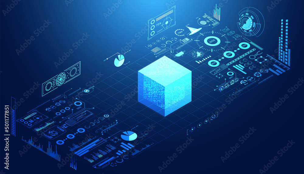 Poster abstract cube blockchain technology ui futuristic concept hud interface hologram elements of digital