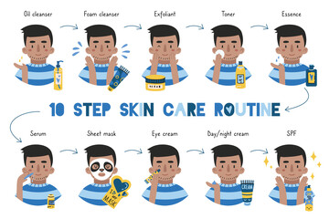 boy applies face skin care routine, cartoon style, trendy modern flat vector illustration.