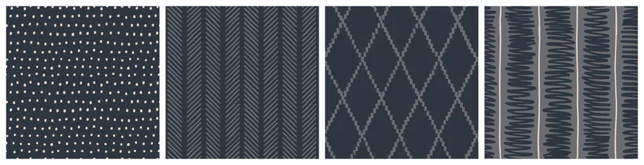 Fotobehang Dark grey classical herringbone, diamond, stripe and dot seamless pattern in modern hand drawn style. Masculine vector designs for fabric, poster background, wrapping or man product packaging © Letters Patterns etc