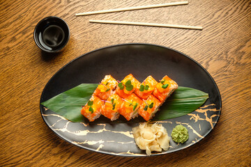 A set of fresh sushi rolls with salmon