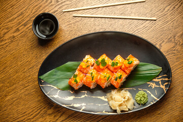 A set of fresh sushi rolls with salmon