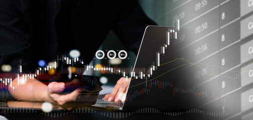 The notion of business financing and investment. Backdrop of a businesswoman working on a laptop computer, a financial graph, an economic growth chart, and a financial technology background
