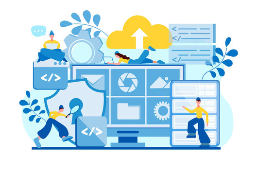 Cloud computing, cloud storage, data center security concept vector illustration.
