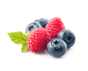 Sweet raspberry and blueberries on white backgrounds.