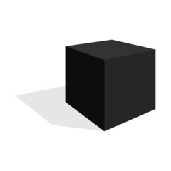 Cube black icon with shadow on white background.