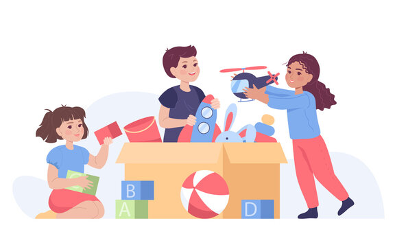 Children taking toys out of box flat vector illustration. Preschool boy and girls playing with ball, balloon, car, airplane together. Friends having fun. Friendship, entertainment concept
