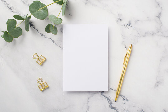 Business concept. Top view photo of paper sheet gold pen binder clips and eucalyptus on white marble background with blank space