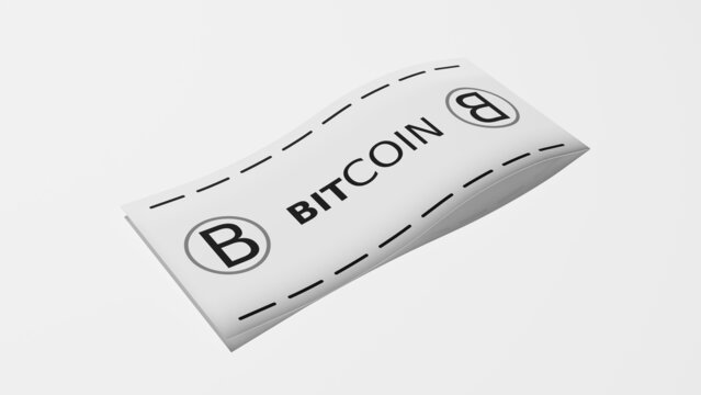 Paper bitcoin bill render on white floor.