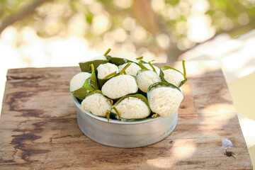 andhra famous pottikalu ,idly steamed in jackfruit leaf,leaf idly with selective focus and blur