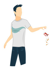 Quitting smoking and bad habits, male character throwing pack of cigarettes in trash. Stop addiction and overcoming nicotine. Healthy lifestyle