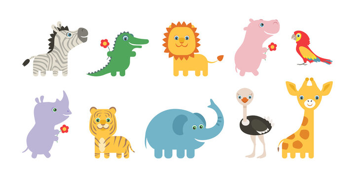 Set of cartoon cute African animals. Vector flat illustration of funny hippopotamus, tiger, lion, elephant, crocodile, zebra, giraffe, rhinoceros, ostrich and parrot. 
