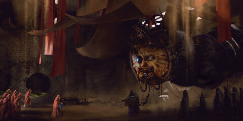 Digital 3d illustration of a mysterious animatronic figure facing a group of people wearing desert clothes - digital fantasy painting