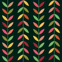 Beautiful multicolored mid century geometric leaves seamless pattern on dark green background. For textile, wallpaper, home décor and wrapping paper 