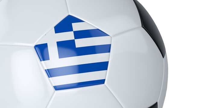 White soccer ball with flag of Greece on a white background. Isolated. Close up. 3D illustration.
