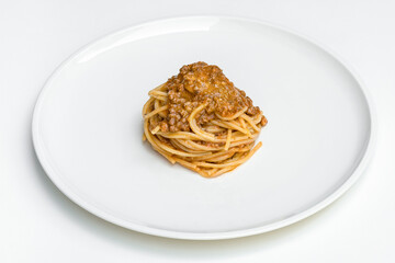 Pasta with meat, Asian cuisine. Photo of food on a white background