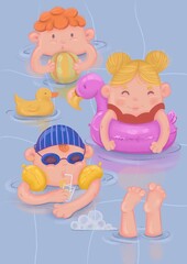 Children swim in the pool on inflatable circles and sleeves