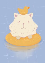 White cat swimming on the floating circle with yellow duch on his head - obrazy, fototapety, plakaty