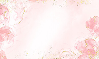 Abstract watercolor or alcohol ink art pink white background with golden crackers. Pastel pink marble drawing effect. llustration design template for wedding invitation,decoration, banner, background.