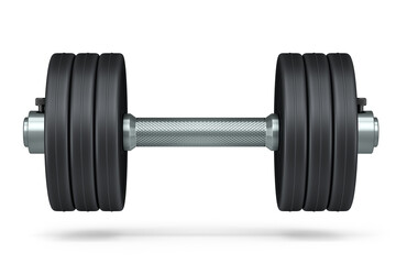 Metal dumbbell with black disks isolated on white background