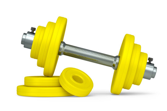Metal dumbbell with yellow disks isolated on white background
