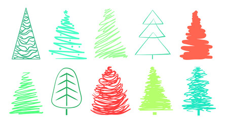 Fototapeta premium Christmas trees on white. Set for icons on isolated background. Geometric art. Objects for polygraphy, posters, shirts and textiles. Colored illustration