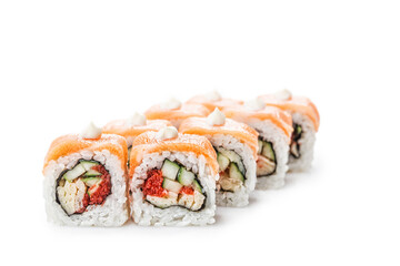 Sushi with red fish, Asian cuisine. Photo of food on a white background