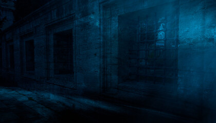 Obraz premium Fantasy street landscape. Night dark old street, moonlight blue neon. Stone wall, concrete, limestone. Empty street night scene. Night dark street of the old city.